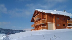 A wooden chalet with multiple balconies, set against a snowy landscape. - 100m from ski slopes, 1st floor, view mountain, balcony, tv, 40m², Les Saisies (Les Saisies)