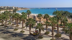 Vistes a la platja amb palmeres, un cel blau clar i un moll allunyat.