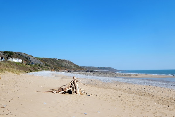 Enjoy a serene beach setting with a natural driftwood structure, overlooking a calm sea and a coastal residential area.