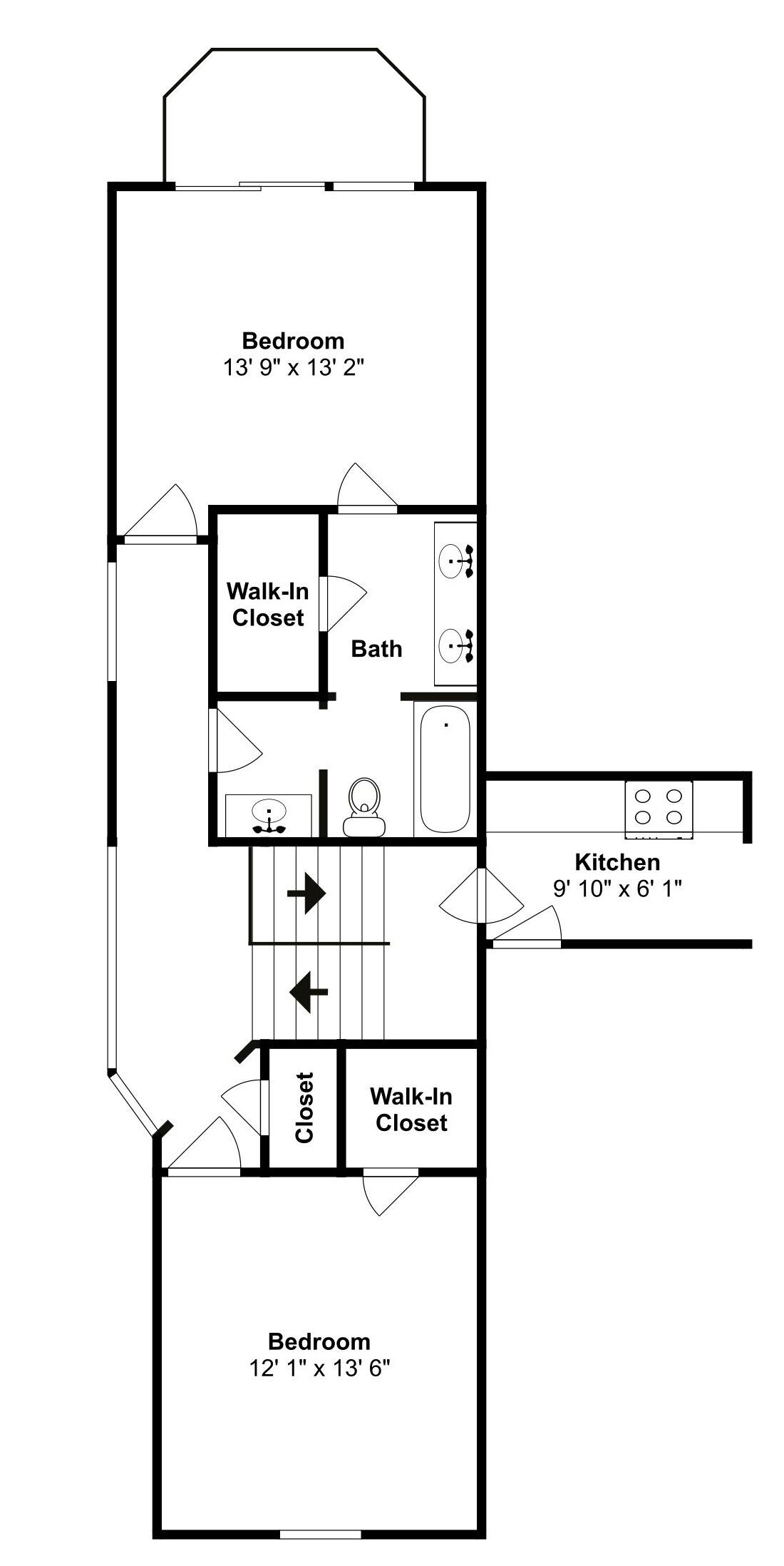 A floor plan with two bedrooms, a walk-in closet, a bathroom, and a kitchen.
