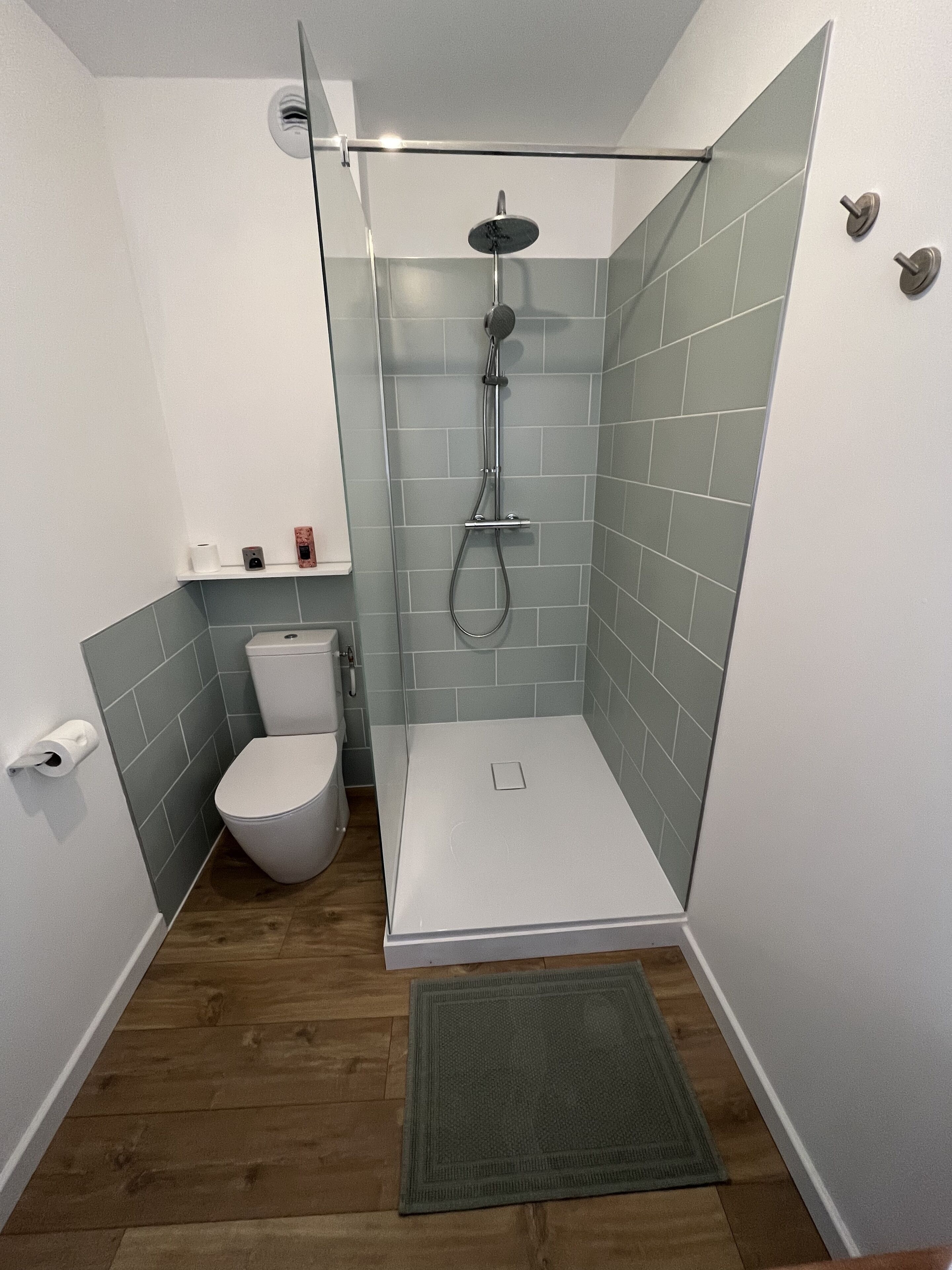 Un baño moderno con ducha, inodoro y un pequeño estante con artículos de aseo.