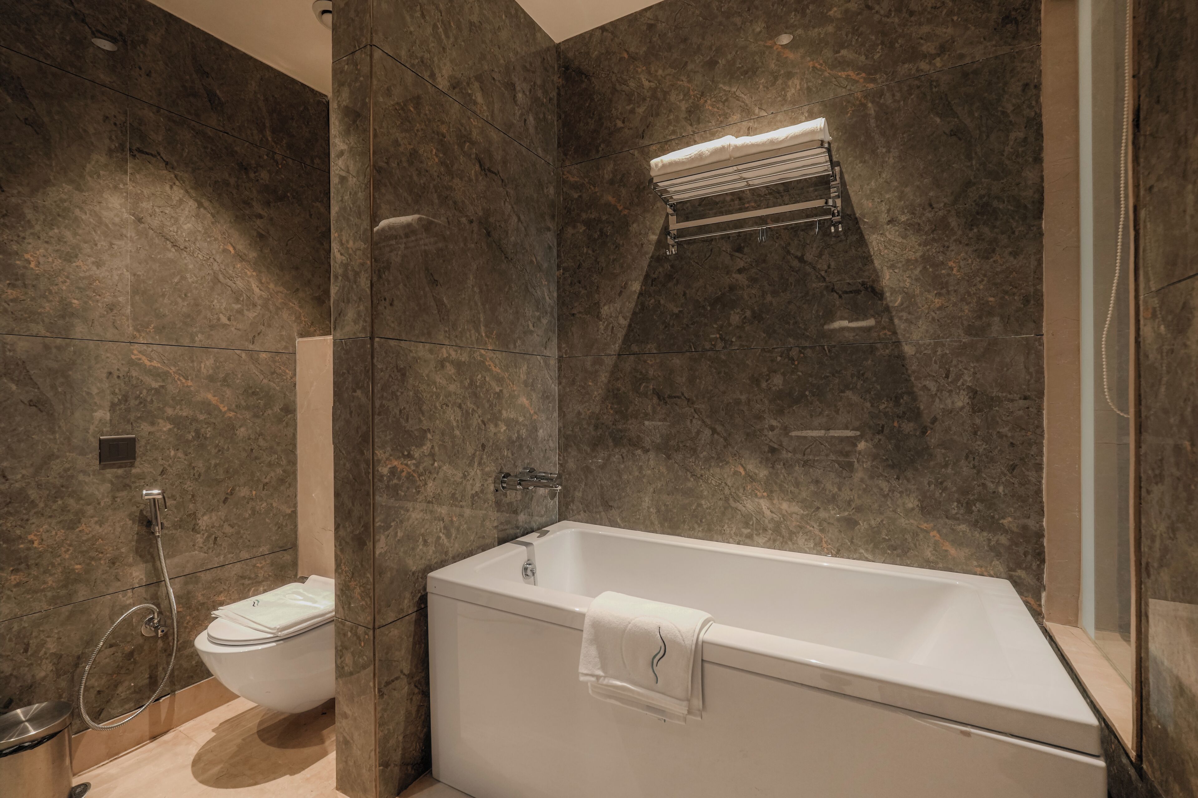 A modern bathroom with a freestanding bathtub, a toilet, and a shower area.