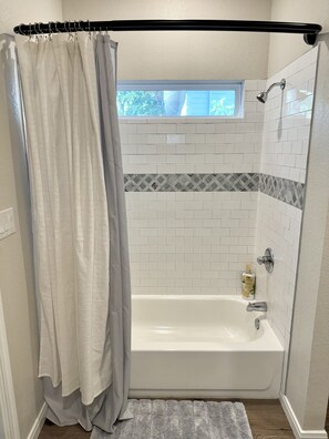 Hair dryer, towels, soap, shampoo