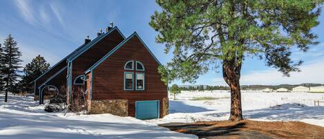 A wooden house with a blue garage door, surrounded by snow and a large pine tree.
