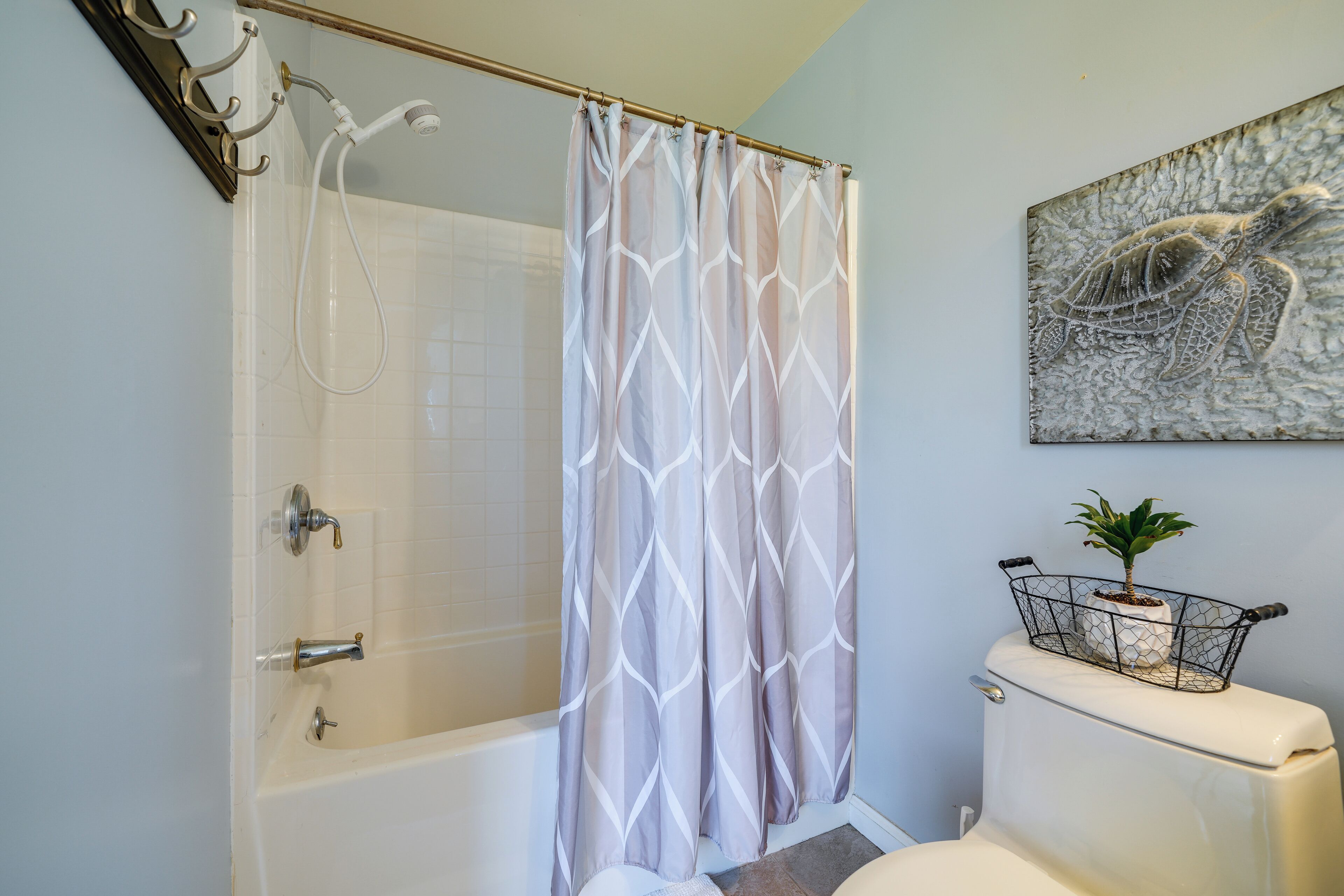 Une salle de bain avec une douche, des toilettes et une plante fixée au mur.