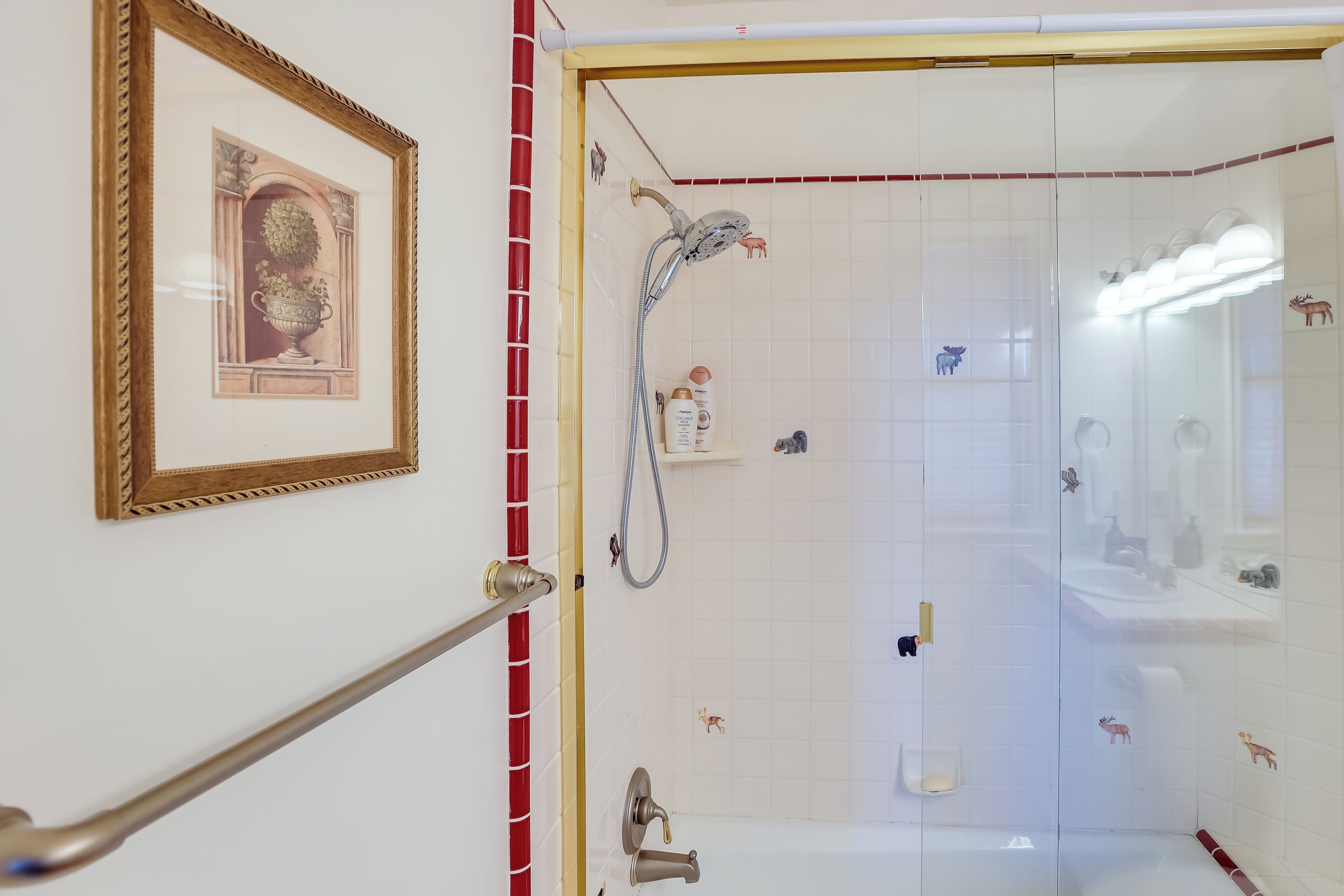 Une salle de bain avec une douche, un tableau encadré au mur et une bordure de carreaux rouges et blancs.