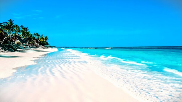 A beach with white sand and turquoise water. There are palm trees and a clear blue sky. - Boho Boutique Hotel - Beachfront , Adults Only , Private Pool (Kiwengwa)
