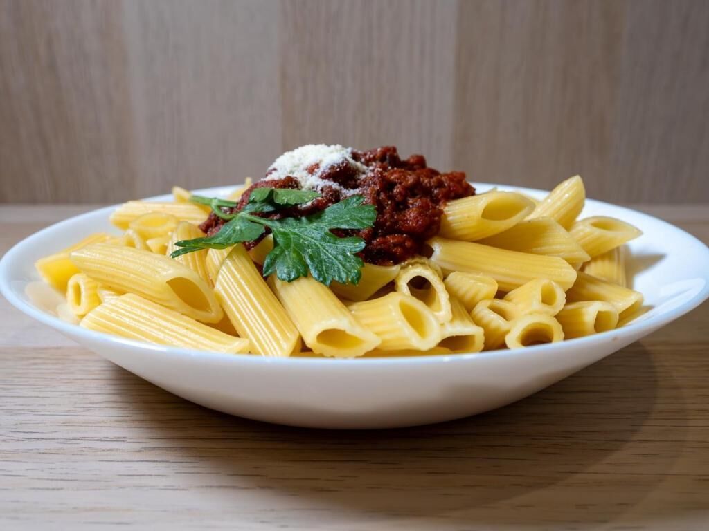 Un plato de pasta con salsa roja y decoración.