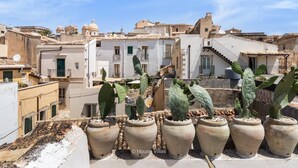 A rooftop terrace with potted cacti and a view of a historic town with terracotta-roofed buildings. - Bowie's Rooms (Noto)