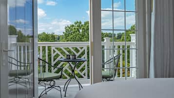 Down comforters, desk, laptop workspace, blackout drapes