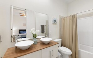Hair dryer, towels, toilet paper