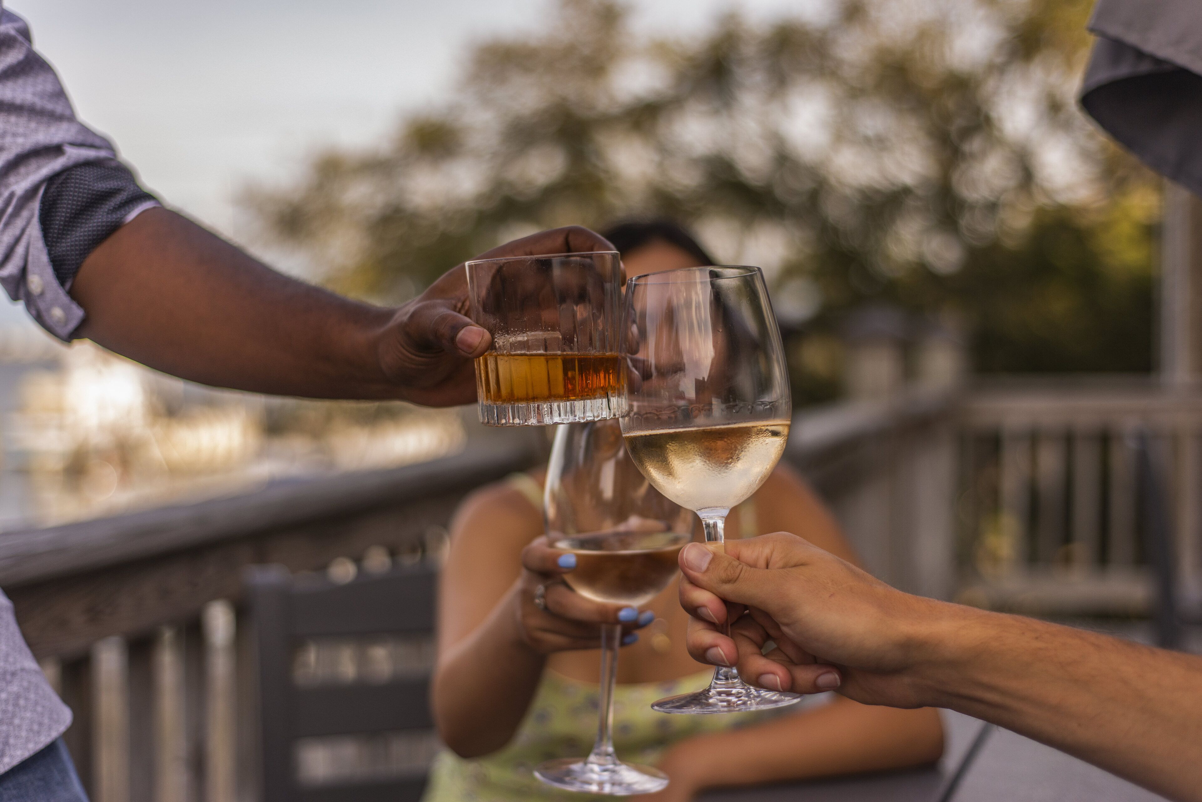 A group of people toasting with glasses of wine on a balcony.