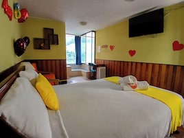 Una habitación de hotel con una cama, una silla, un ventanal y un televisor en la pared.