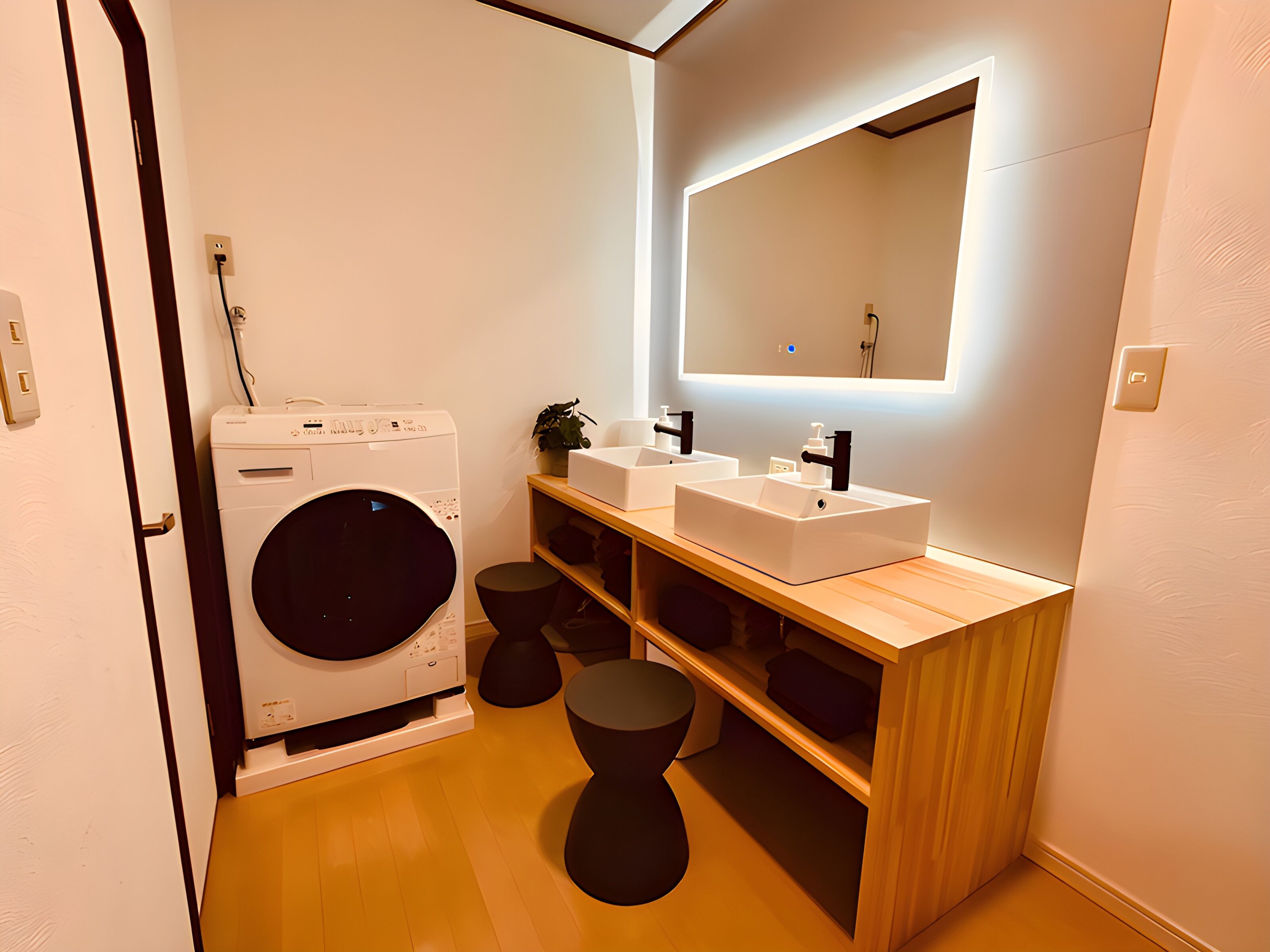 Un baño moderno con lavadora integrada, un espejo grande y un tocador de madera con lavamanos.