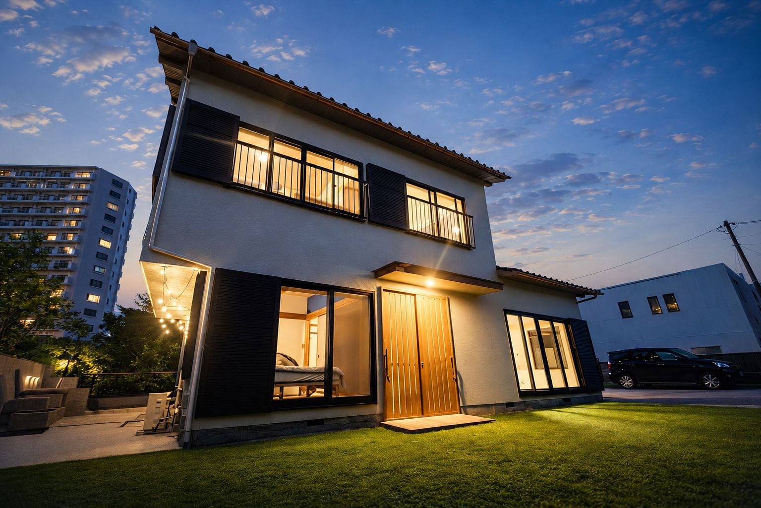 A two-story residential building with a balcony, large windows, and a well-maintained lawn.