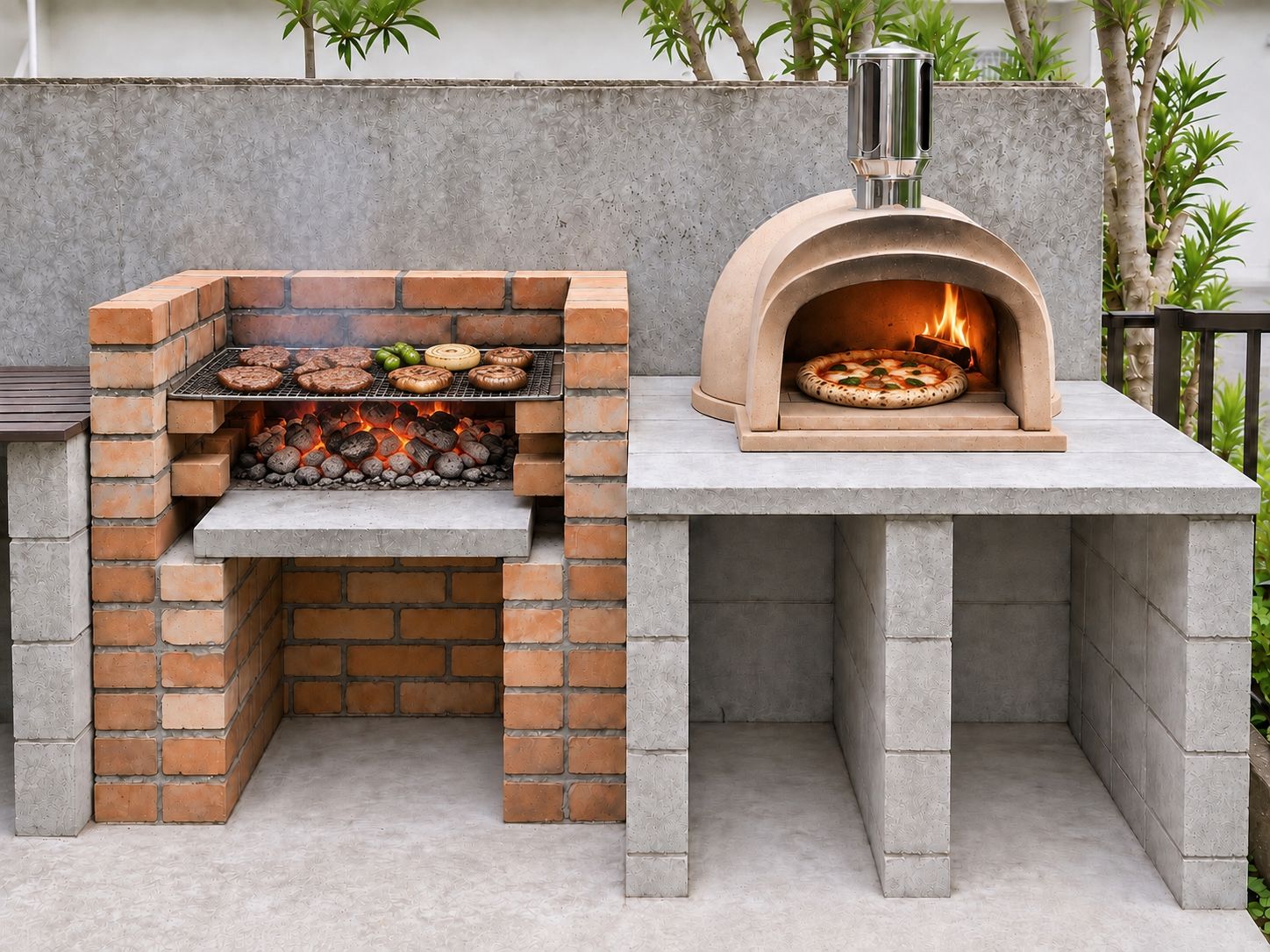Een buitenkeuken met bakstenen afwerking, een pizzaoven en een barbecue.