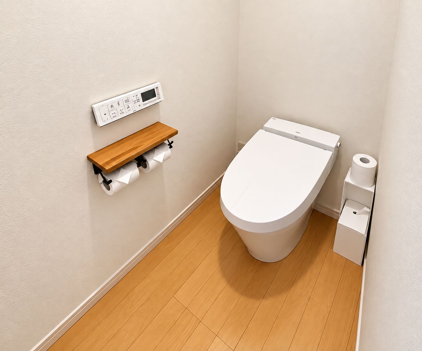 A small, modern bathroom with a toilet, a toilet paper holder, and a bidet.
