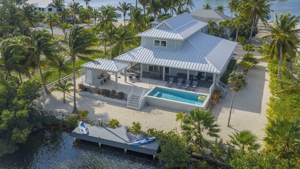 Une maison à deux étages avec une piscine, entourée de palmiers et dotée d’un quai.