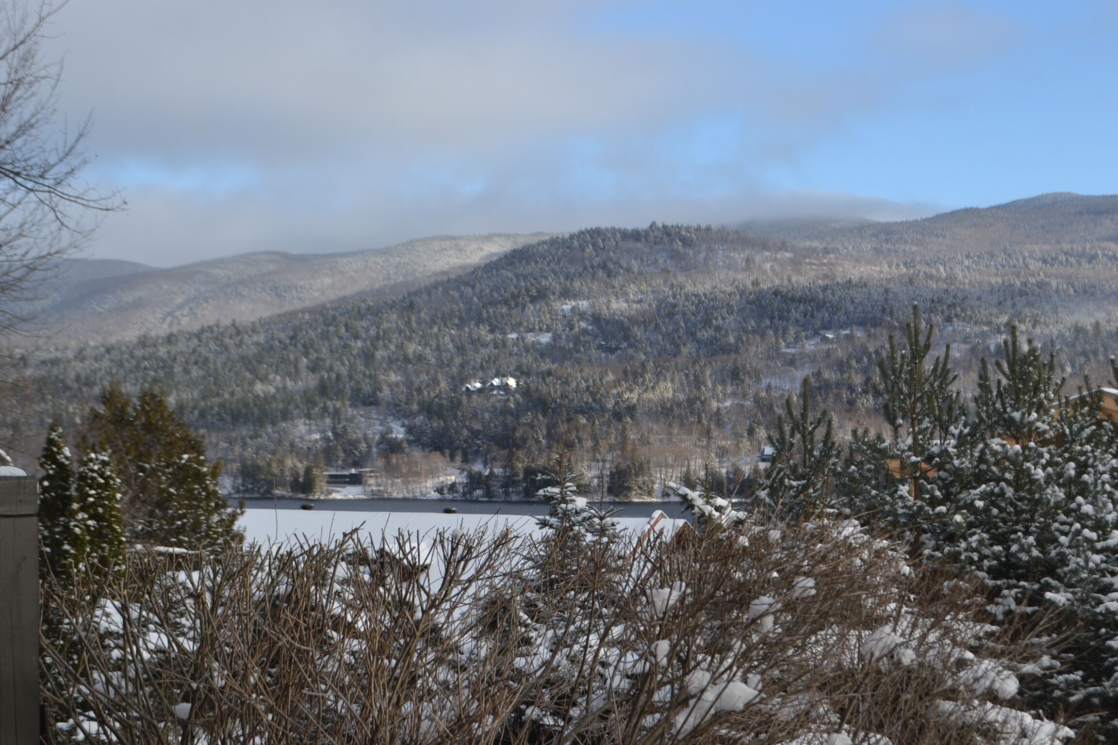 A view of a mountainous landscape with snow-covered trees and a lake in the foreground.