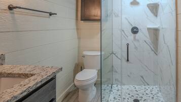 Shower, hair dryer, towels, toilet paper
