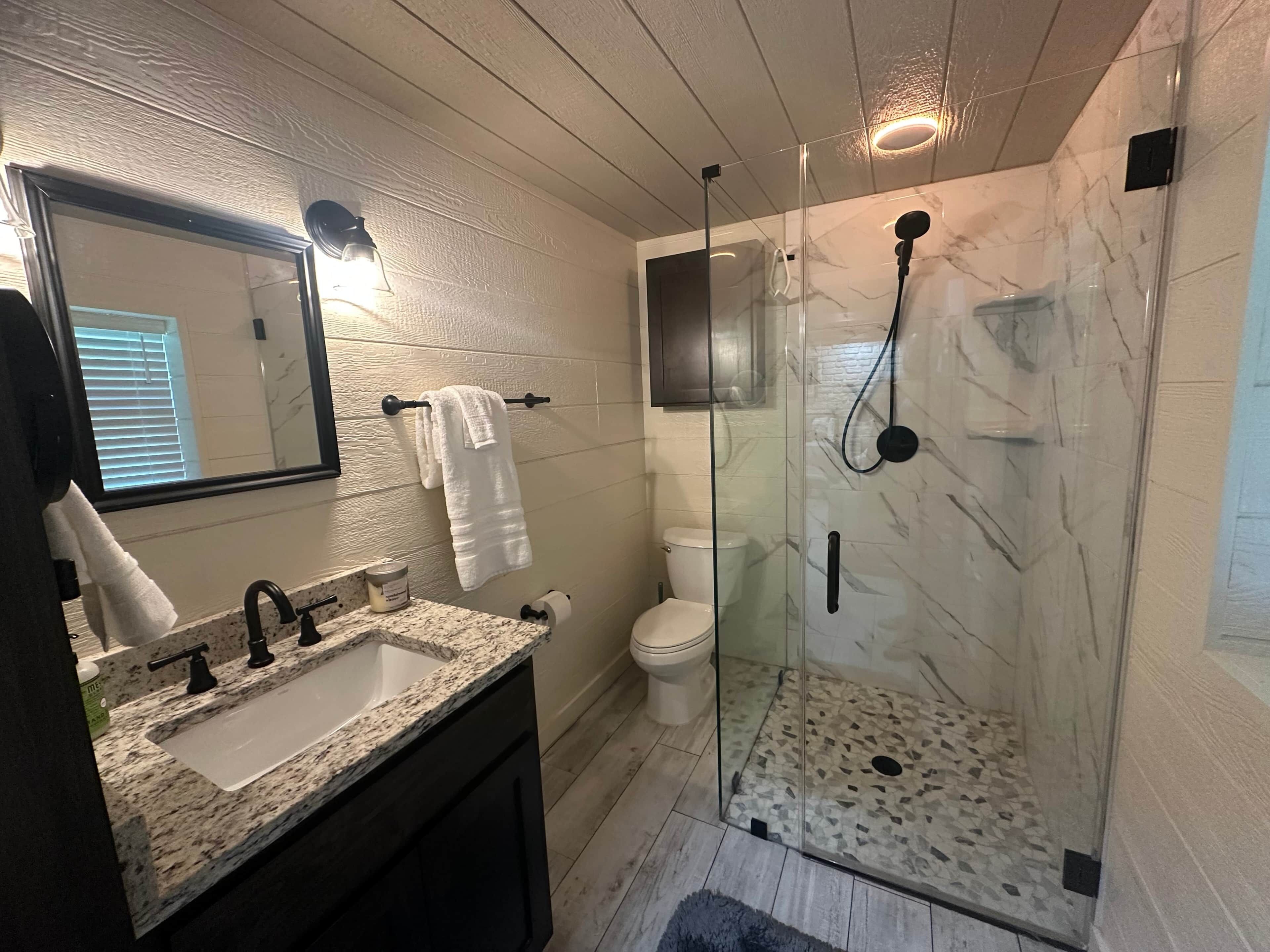 Shower, hair dryer, towels, toilet paper