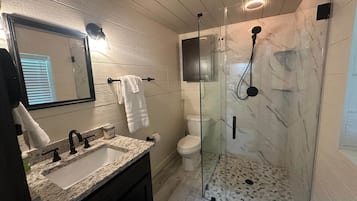 Shower, hair dryer, towels, toilet paper
