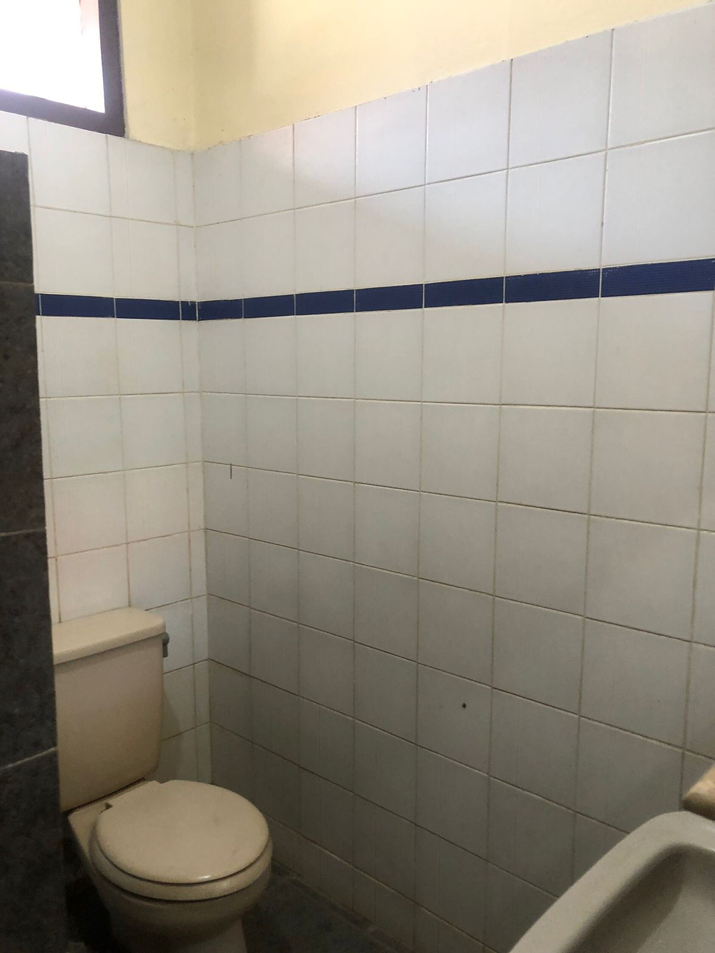 Un baño pequeño con azulejos blancos y una franja azul, un inodoro y un orinal.