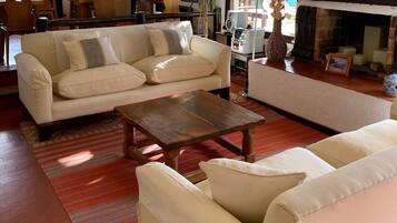 Sala de estar com sofá, mesa de centro e televisão. Há uma lareira e uma planta.