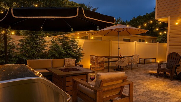An outdoor patio area with a grill, seating, and string lights. - Private Apartment on River Ave. close to main st (Patchogue)