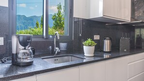 Ett modernt kök med en kaffebryggare, diskho och en krukväxt.