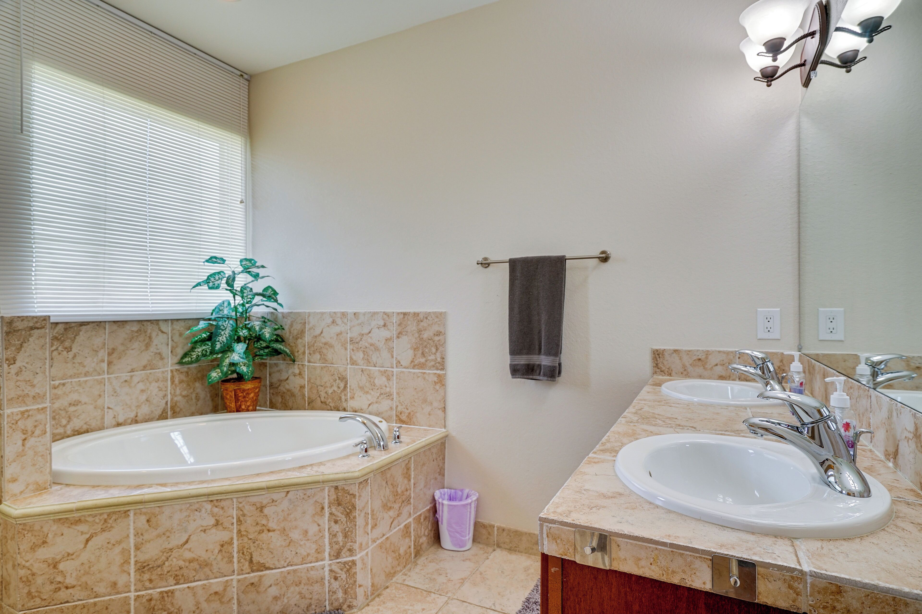 A bathroom with a bathtub, two sinks, a potted plant, a towel rack, and a trash bin.