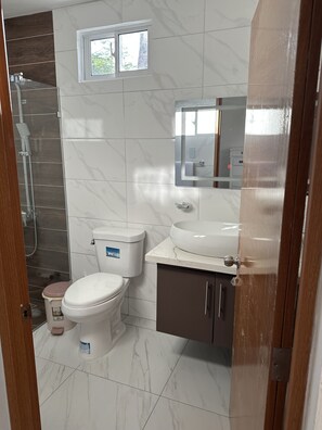 Shower, towels, soap, toilet paper