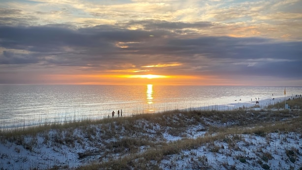 A beach with people walking along the shore, a sunset in the background, and a grassy area in the foreground.