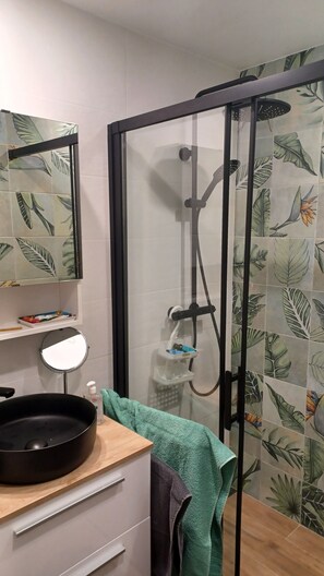Shower, hair dryer, towels, soap