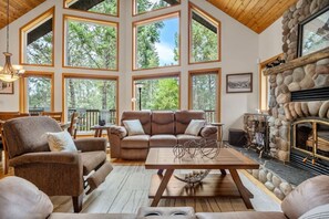Smart TV, chimenea, libros, oficina