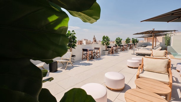 Una terraza en la azotea con mobiliario exterior, plantas en macetas y vistas del horizonte urbano.