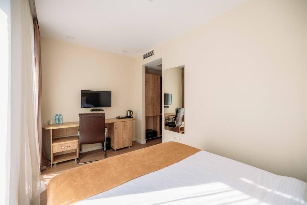 A hotel room with a bed, a desk with a chair, a television, and a mirror.