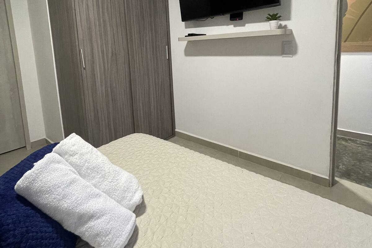 Habitació d'hotel amb un llit, televisió penjada a la paret, un armari i una petita planta a l'estant.