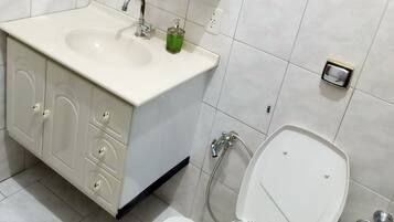Shower, towels, toilet paper