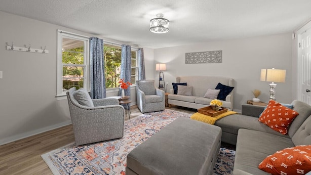 A living room with a sofa, armchairs, a coffee table, and a rug. - Downtown Dahlonega Destination - Dog Friendly (Dahlonega)