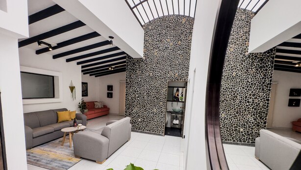 A modern living room with a grey sofa, a coffee table, and a large plant. There is a stone wall with a circular opening leading to a bathroom.