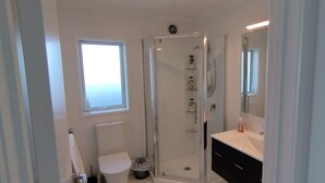 Ein modernes Badezimmer mit einer Duschkabine, einer Toilette und einem Waschtisch inklusive Spiegel.