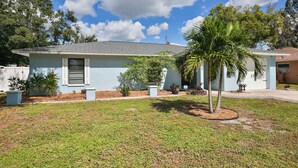 A single-story house with a sloped roof, a front porch, and a small garden with a palm tree.
