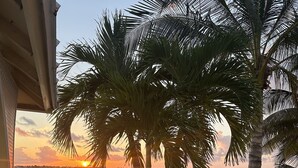 A serene outdoor area with a view of the sunset over a body of water, featuring palm trees, a grassy lawn, and a stone pathway. - Beautiful Open-Water Property (Big Pine Key)