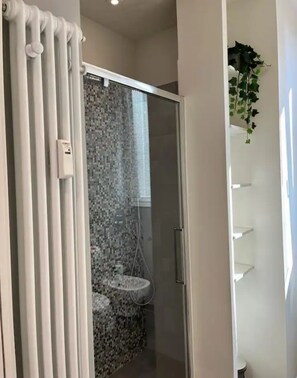 Een douche,  milieuvriendelijk toiletgerief, een haardroger, een bidet