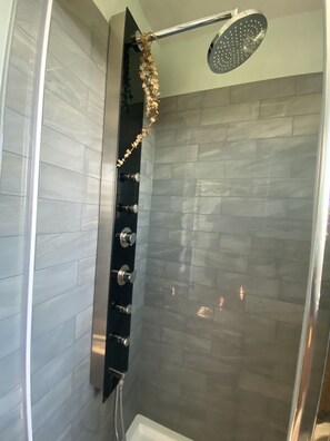 Regadera, toallas, jabón, shampoo 