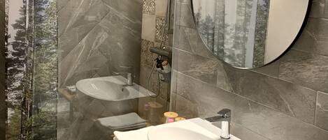 Shower, hair dryer, bidet, towels