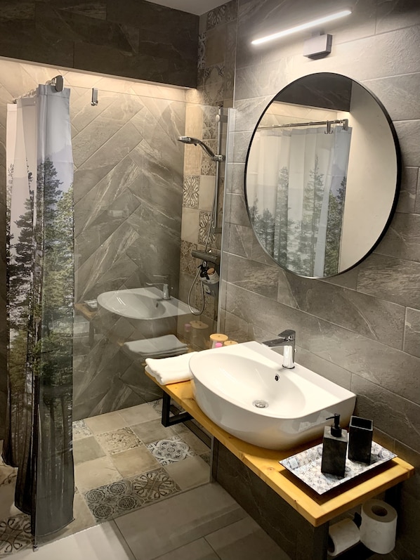 Shower, hair dryer, bidet, towels