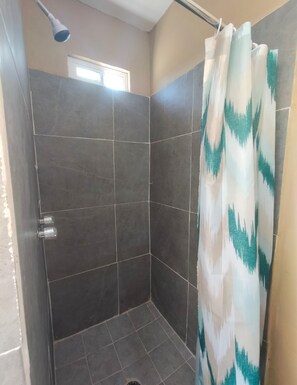 Combined shower/tub, towels, soap, shampoo