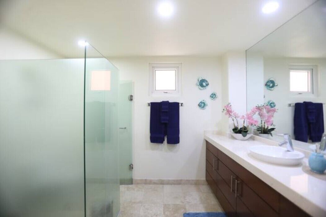 Une salle de bain avec une douche à parois de verre, un lavabo blanc, un miroir et des carreaux décoratifs.